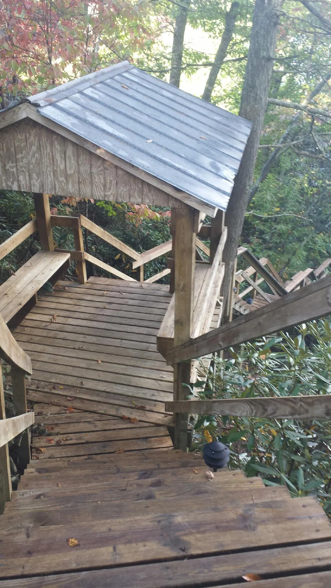 Metal roofed shelter over wooden steps on a wooded walkway — Skylight Repair & Installation work by our crew in Nevada City